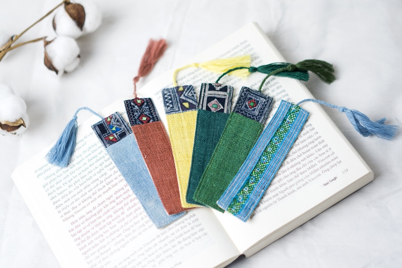 Tassel Bookmark Vintage Bookmarks, Reader Gifts, Book Lover Gift, Handmade Bookmarks, Hemp Fabric, Perfect Gift for Teachers image 1