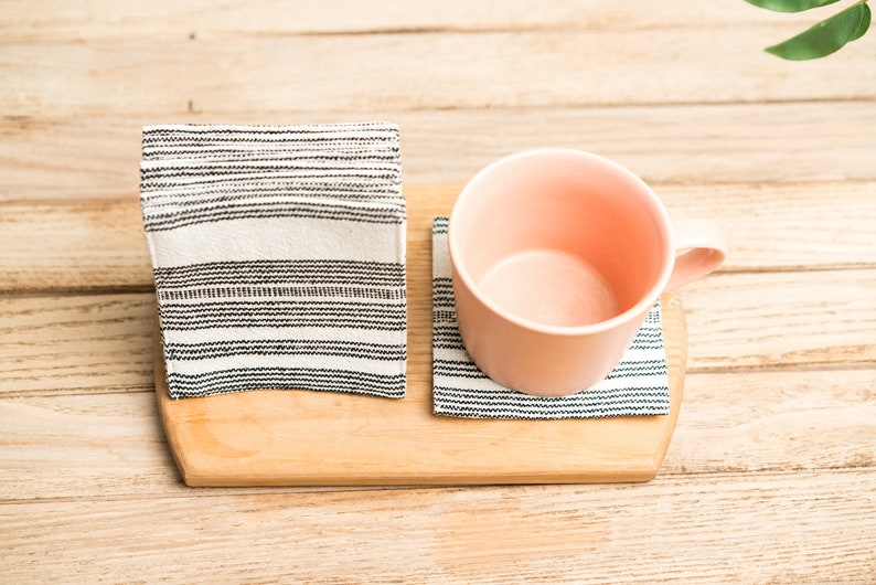 Black and White Striped Fabric Coasters Set of Handmade Cotton Coasters, Handwoven Cotton Coaster Set, Natural Dyes, Hmong Creations image 2