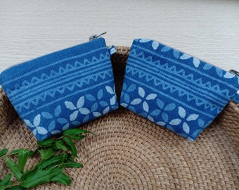 Blue and White Small Coin Pouch | Cotton Zipper Pouch, Natural Dye Purse, Block Printing Fabric, Handmade Accessories
