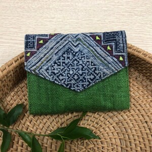 Green Wallet Women Hemp Purse, Short Purse, Compact Purse, Hmong Creations, Indigo Batik Pattern 2