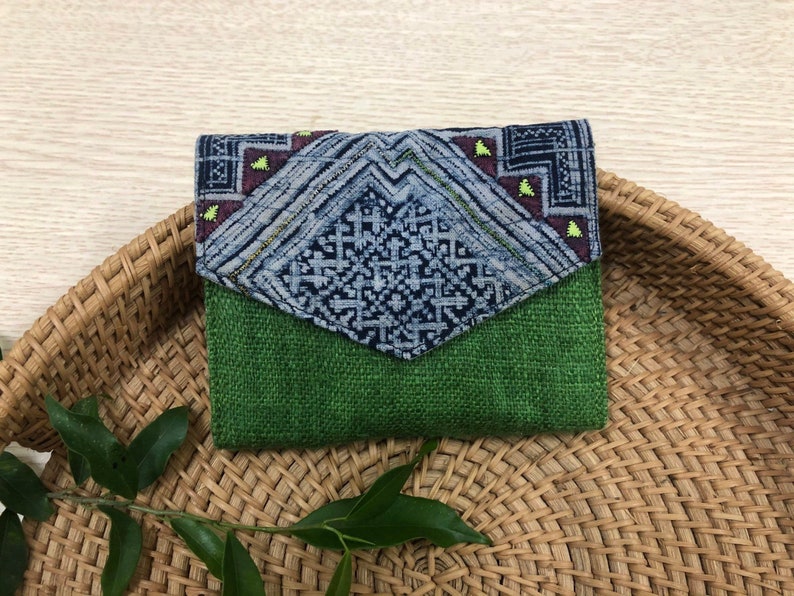 Green Wallet Women Hemp Purse, Short Purse, Compact Purse, Hmong Creations, Indigo Batik Pattern 2