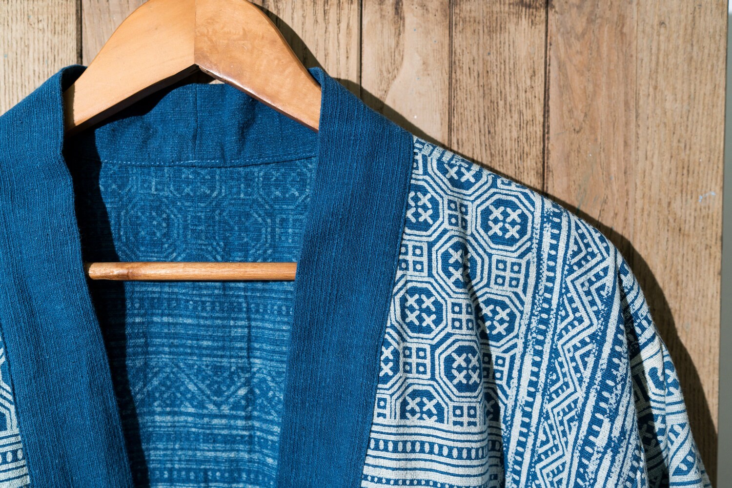 ジャケット・アウター KENDO DIAMOND PATTERN NO-COLLAR JACKET Kendo Jacket | Japanese Unisex Overcoat, Blue Block Printing