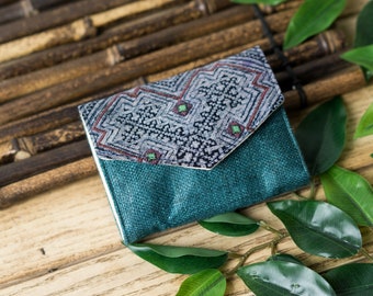 Dark Teal Hemp wallet | Short Wallet, Ethnic Purse, Handwoven Fabric, Hmong Creations, Tribal Embroidery Design