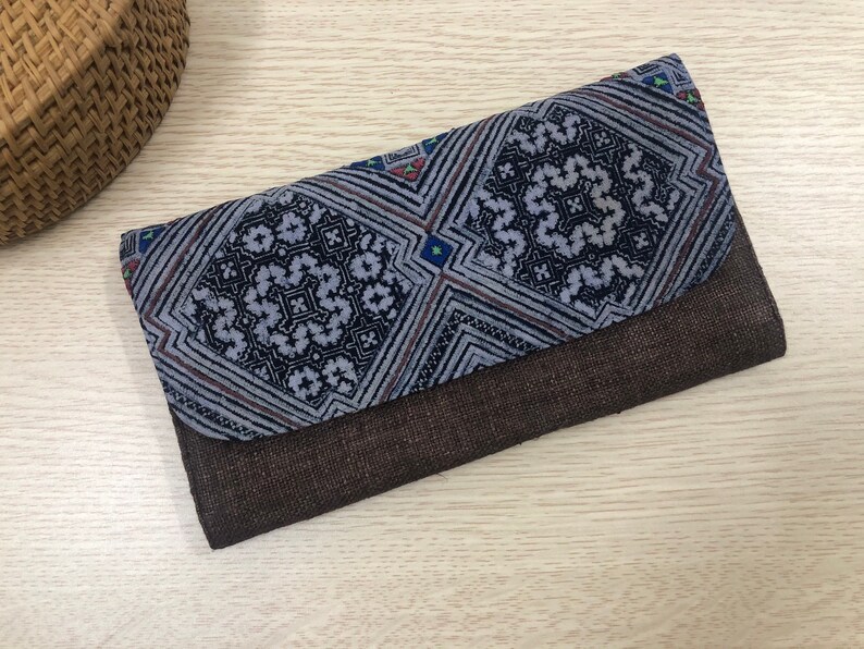 Dark Brown Boho Hemp wallet Unique Hmong Wallet Women Gift Pattern 1