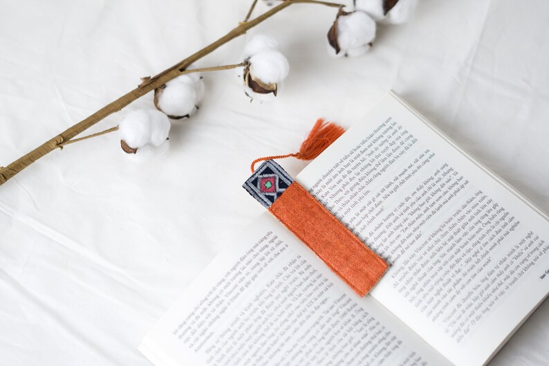 Tassel Bookmark Vintage Bookmarks, Reader Gifts, Book Lover Gift, Handmade Bookmarks, Hemp Fabric, Perfect Gift for Teachers Bright Orange