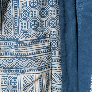 May include: A blue and white patterned fabric with a geometric design. The fabric has a subtle texture and a slightly faded look.