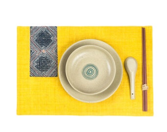 Yellow Fabric Placemats | Rectangle Placemats, Placemat Sets, Handwoven Hemp Place-mats, Indigo Batik Hmong Pattern