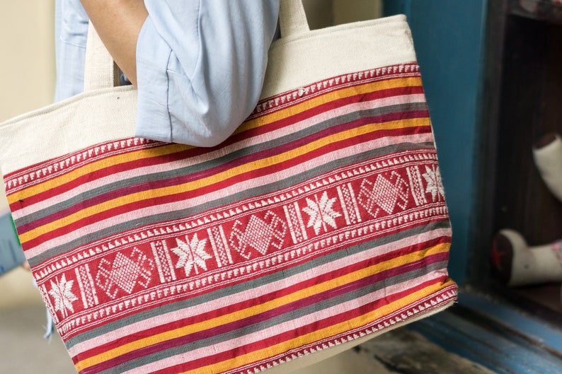 Red Canvas Shopping bag Ethnic Brocade Fabric Shoulder bag image 1