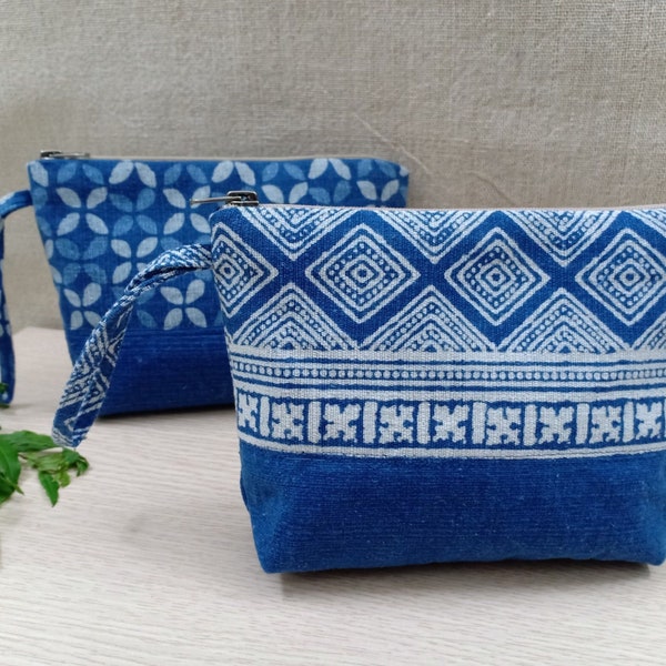 Batik Blue Makeup Pouch | Printed Cotton Pencil Case, Natural Dye, Block Printing Pouch, Handmade Pouch for Organization