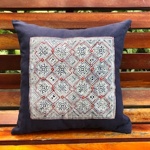 Hmong Pillow Cover | Decorative Pillows, Pillowcases 16x16, Ethnic Pillow Cases, Dark Blue Pillow