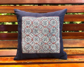 Hmong Pillow Cover | Decorative Pillows, Pillowcases 16x16, Ethnic Pillow Cases, Dark Blue Pillow