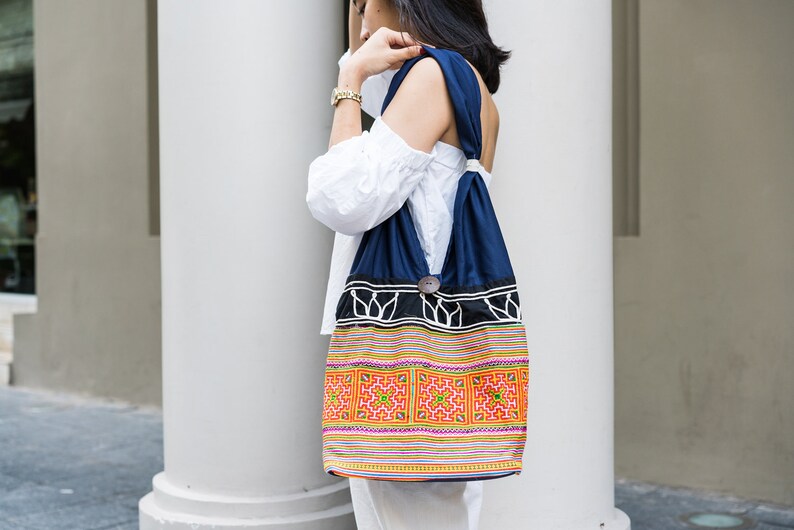 Multi Color Handmade Boho Shoulder Bag Hmong Creations Tote Navy