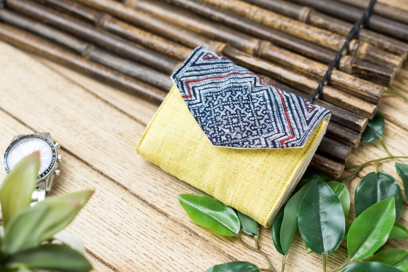 Yellow Compact Purse Short Wallet, Ethnic Purse, Natural Dyed Fabric, Hmong Creations image 2