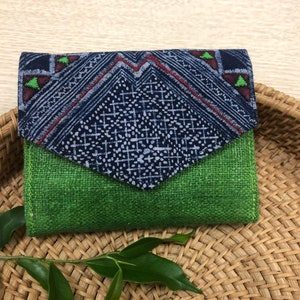 Green Wallet Women Hemp Purse, Short Purse, Compact Purse, Hmong Creations, Indigo Batik Pattern 3