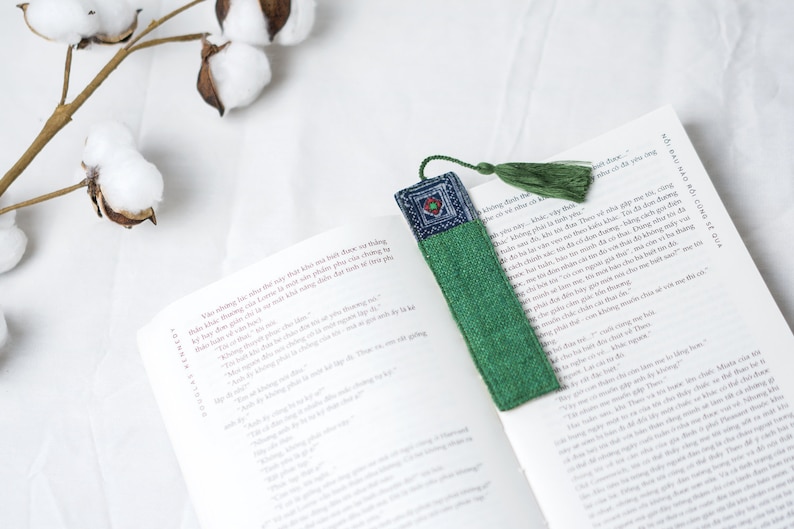 Tassel Bookmark Vintage Bookmarks, Reader Gifts, Book Lover Gift, Handmade Bookmarks, Hemp Fabric, Perfect Gift for Teachers Forest Green