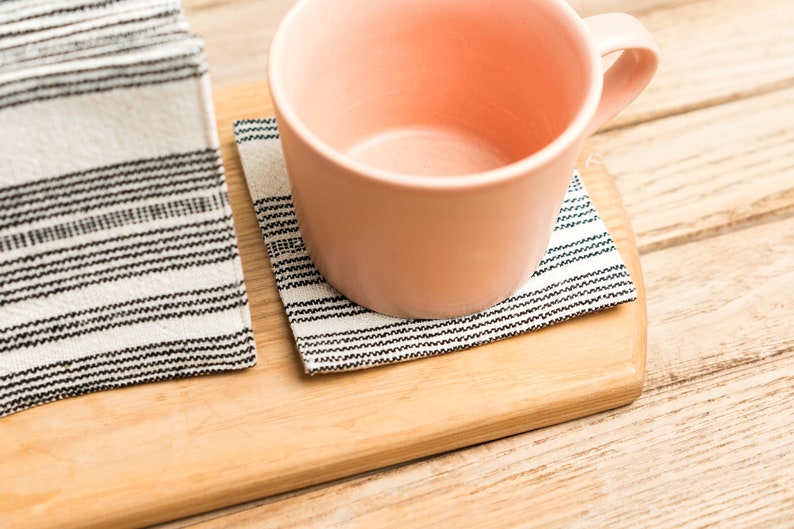 Black and White Striped Fabric Coasters Set of Handmade Cotton Coasters, Handwoven Cotton Coaster Set, Natural Dyes, Hmong Creations image 3