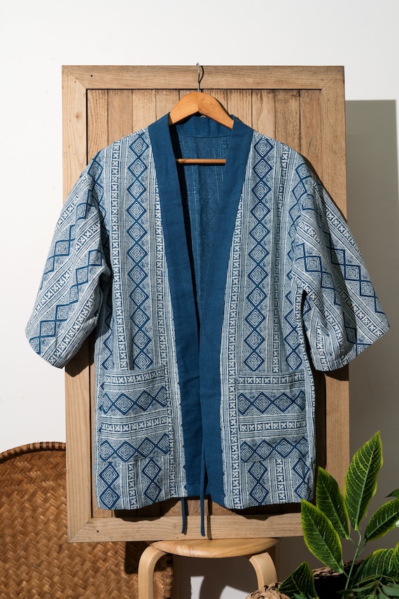 今ならほぼ即納！ Jacket Kendo | Printing Block Blue Overcoat, Unisex Japanese ジャケット・アウター