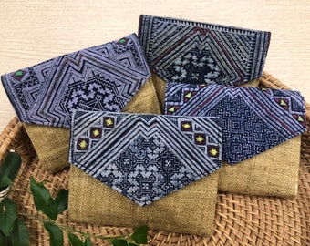 Short and Compact Wallet | Brown Handmade Purse, Batik Fabric, Indigo Dye, Hmong Wallet Woman, Small Purse