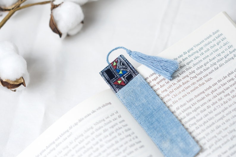 Tassel Bookmark Vintage Bookmarks, Reader Gifts, Book Lover Gift, Handmade Bookmarks, Hemp Fabric, Perfect Gift for Teachers Light Blue