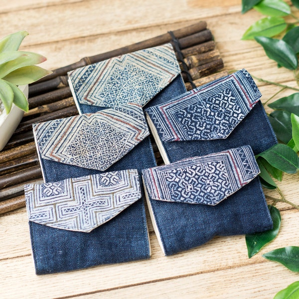 Indigo Blue Hemp wallet, Repurposed clothing Hmong Creations, Unique Fabric Womens wallet, Small Batik Purse, Compact Id wallet Gift idea