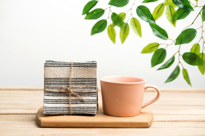 Black and White Striped Fabric Coasters Set of Handmade Cotton Coasters, Handwoven Cotton Coaster Set, Natural Dyes, Hmong Creations image 1