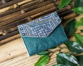 Dark Teal Ethnic Purse | Short Wallet, Hemp Purse, Indigo Dyed Fabric, Batik Fabric, Small Hmong Purse, Small Woman Wallet