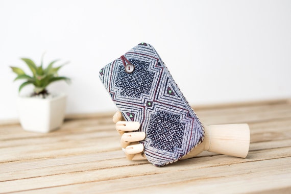 Handmade Hmong Indigo Batik Phone Sleeve, Padded Glasses Case