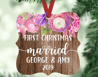 Rustic Ornament Our First Christmas Married Personalized Christmas Bauble