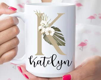 Personalized Coffee Mug, Personalized Name Coffee Cup, Initial Mug, Tropical Flowers Mug, Gift for Friend, Birthday Gift