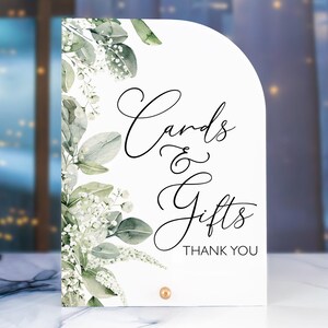 Cartes florales et cadeaux Half Arch Sign | Enseigne en acrylique Greenery Gifts and Cards | Carte-cadeau de table | Plaque de mariage personnalisée