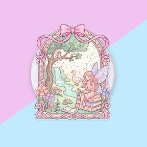 May include: A decorative sticker featuring a pink-haired fairy with iridescent wings sitting on a stack of books reading. The scene is framed by an ornate pink arch with a bow, showing a landscape with a tree, a waterfall, and a white goose.