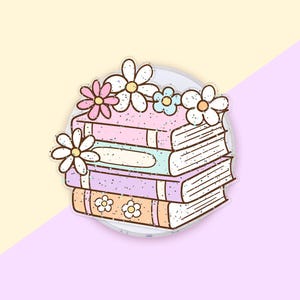May include: A sticker depicting a stack of books in pastel shades, decorated with daisy flowers. The books are pink, purple, and orange, with white and yellow flowers on top. The sticker has a white border and is set against a pastel background.