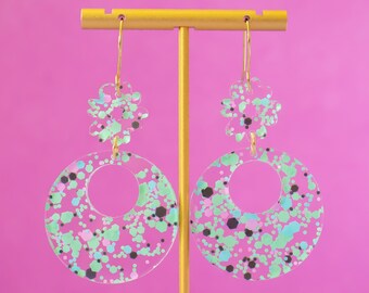 Mint Green Circle Retro Flower Earrings, Large Statement Geometric Dangles, Summer Earrings, Gift For Her