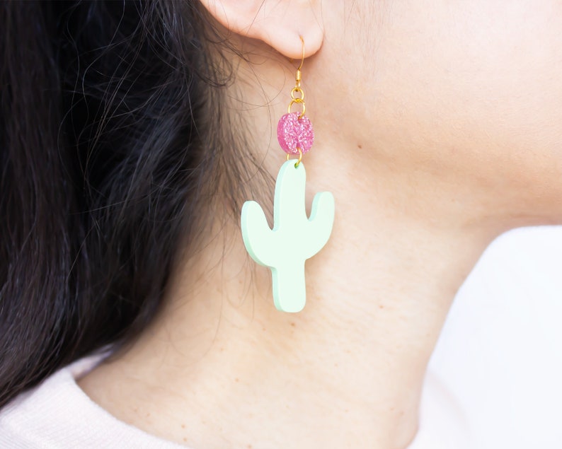 Lightweight Statement Earrings Cactus Dangles Gifts For Her Cactus Earrings Acrylic Jewelry For Women
