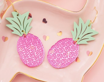 Pink Pineapple Earrings, Acrylic Dangles, Statement Earrings, Fruit Jewelry