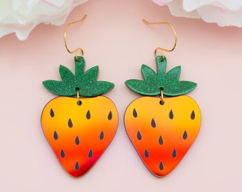 Holographic Strawberry Earrings, Acrylic Dangles, Statement Earrings, Fruit Jewelry