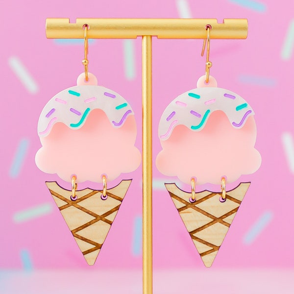 Ice Cream Cone Earrings, Cute Acrylic Dangles, Bold Earrings, Fun Jewelry, Gifts For Her, Summer Earrings, Kawaii Jewelry