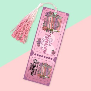 May include: A pink bookmark with a tassel, featuring the text "Dark Romance Book Club." The design includes illustrations of books, roses, and a candle. The bookmark has a ticket-like design with a barcode and the words "Lifetime Member."