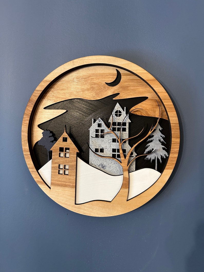 Laser Carved Wood Village Wall Decor Wood Wall Art Etsy