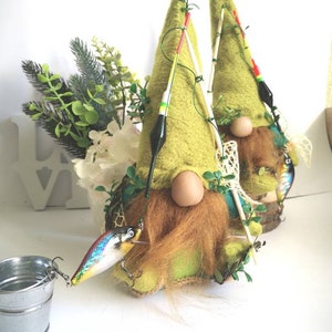 Camping Fisherman Gnome, Fishing, Camper, OutdoorsmanWoodland, Fish, Rustic Gnome green