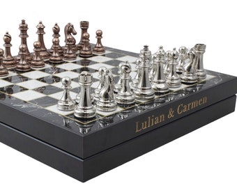 Custom Chess Set - Personalized Luxury Chess Game - 14 Inch Chrome Plated Boxed Custom Board Game - Personalized Wooden Chess Set