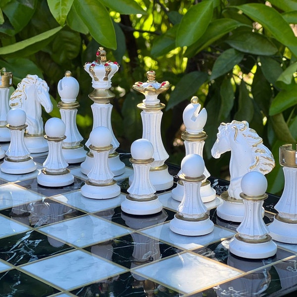 16,5 inch luxe schaakspel - groot schaakspel met marmerpatroon - gepersonaliseerd jubileum schaakcadeau voor hem/haar - verjaardagscadeau voor zoon/dochter