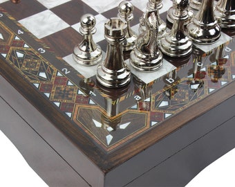 15.7 Inch  Luxury Chess Set- Mosaic Patterned Chess Set - Personalized Luxury Chess Game Wooden Chess Board and Metal Chess Figures Set