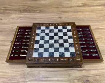 Vip Wooden Chess Set - Chess Set with Drawers - Anniversary Gift for Him - Chess with Storage - Gifts for Him - Anniversary Gift for Husband