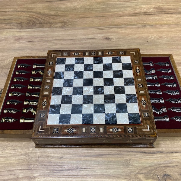 Vip Wooden Chess Set - Chess Set with Drawers - Anniversary Gift for Him - Chess with Storage - Gifts for Him - Anniversary Gift for Husband