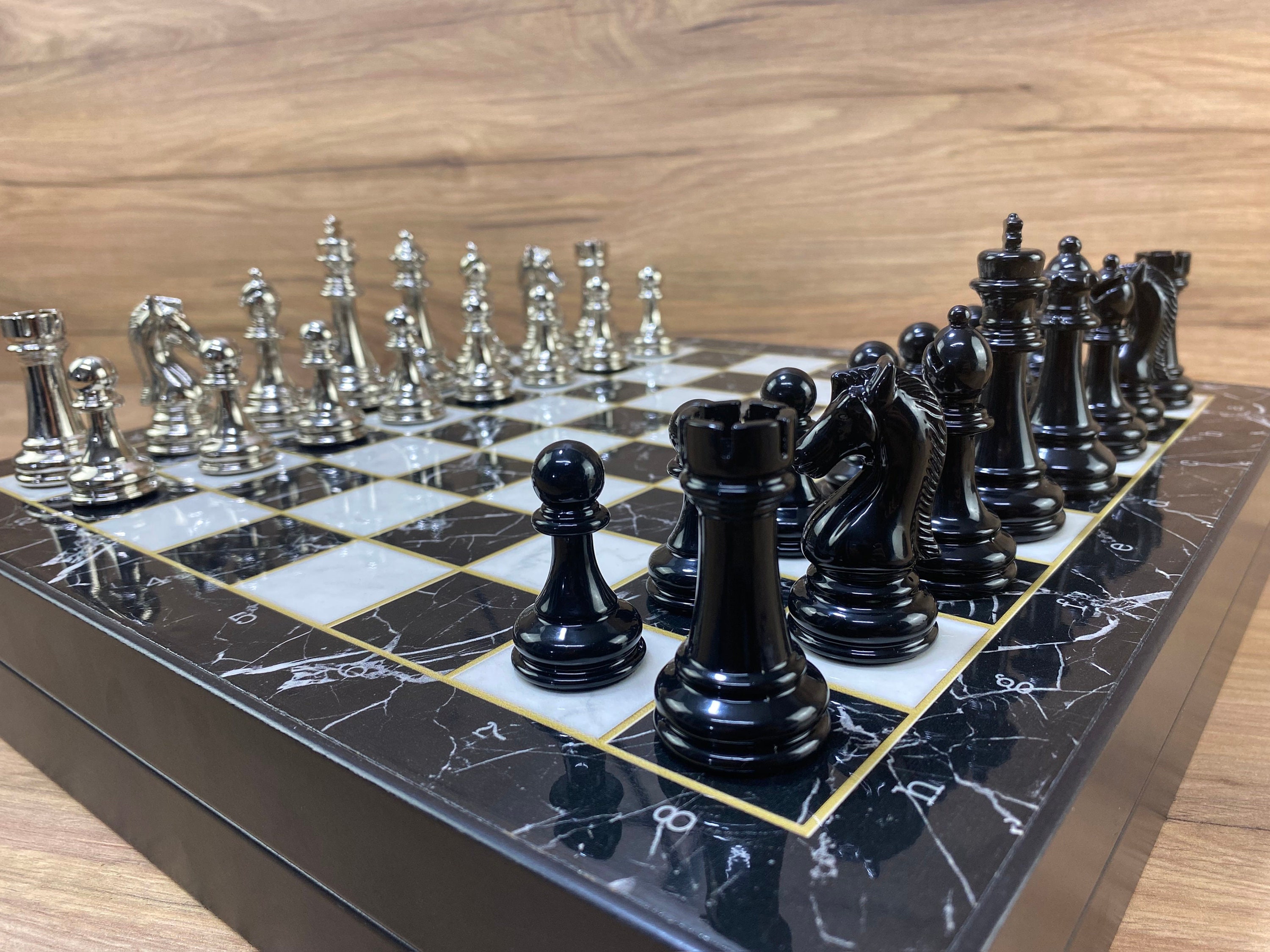 Luxury Chess Set With Black Silver Chess Pieces - Personalized Chess ...