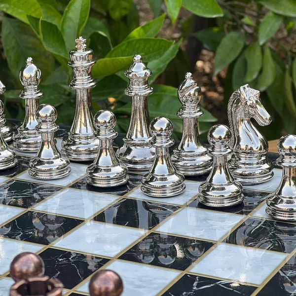 Wood Chess Board and Metal Chess Pieces - Custom Chess Set Anniversary Gift for Her - Personalized Anniversary Gifts for Couples - Vip Chess