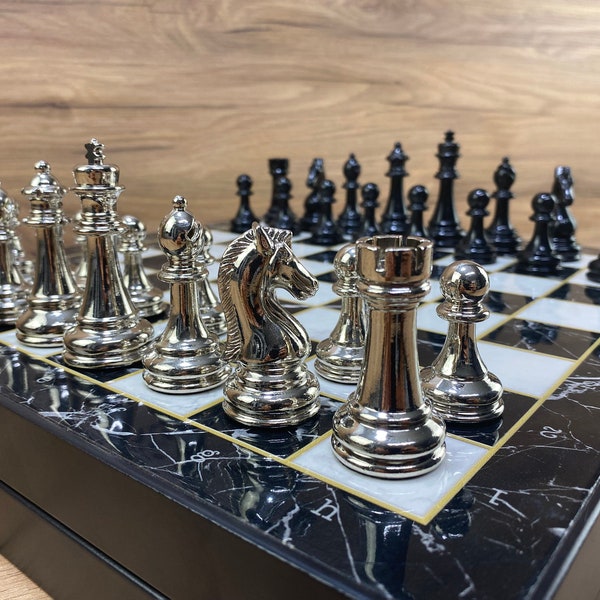 Vip Customize Wooden Marble Patterned Chess Set - Wood Chess Board with Storage - Gift for Husband - Large Chess Set - Valentines Day Gift