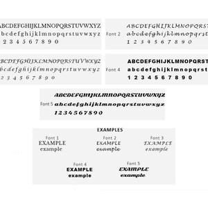 以下が含まれることがあります： 大文字と小文字、数字、そして「EXAMPLE」という単語が各フォントで書かれた、5つの異なるフォントを示すチャートです。