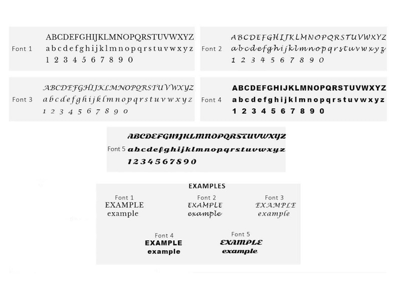 以下が含まれることがあります： 大文字と小文字、数字、そして「EXAMPLE」という単語が各フォントで書かれた、5つの異なるフォントを示すチャートです。
